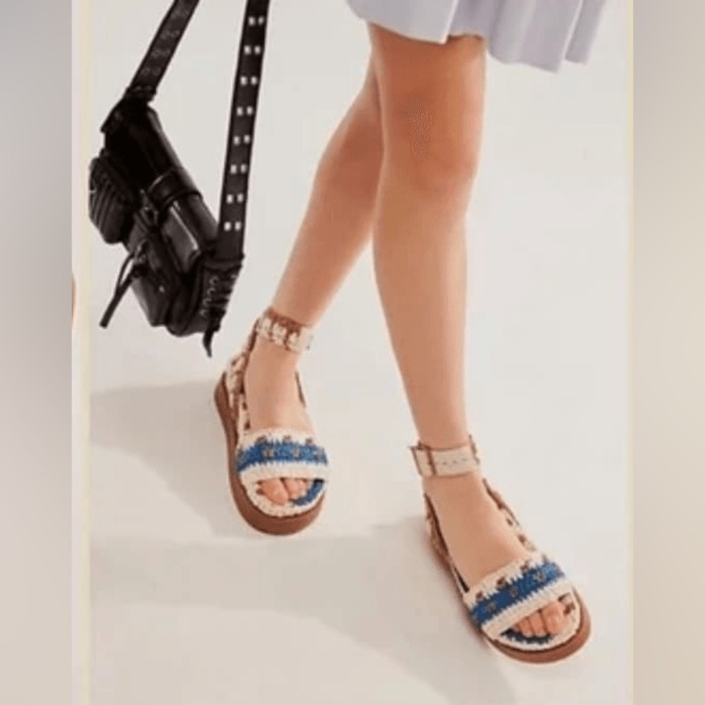 Free People Roma Raffia Platform Blue and Cream Sandals - Picture 10 of 10